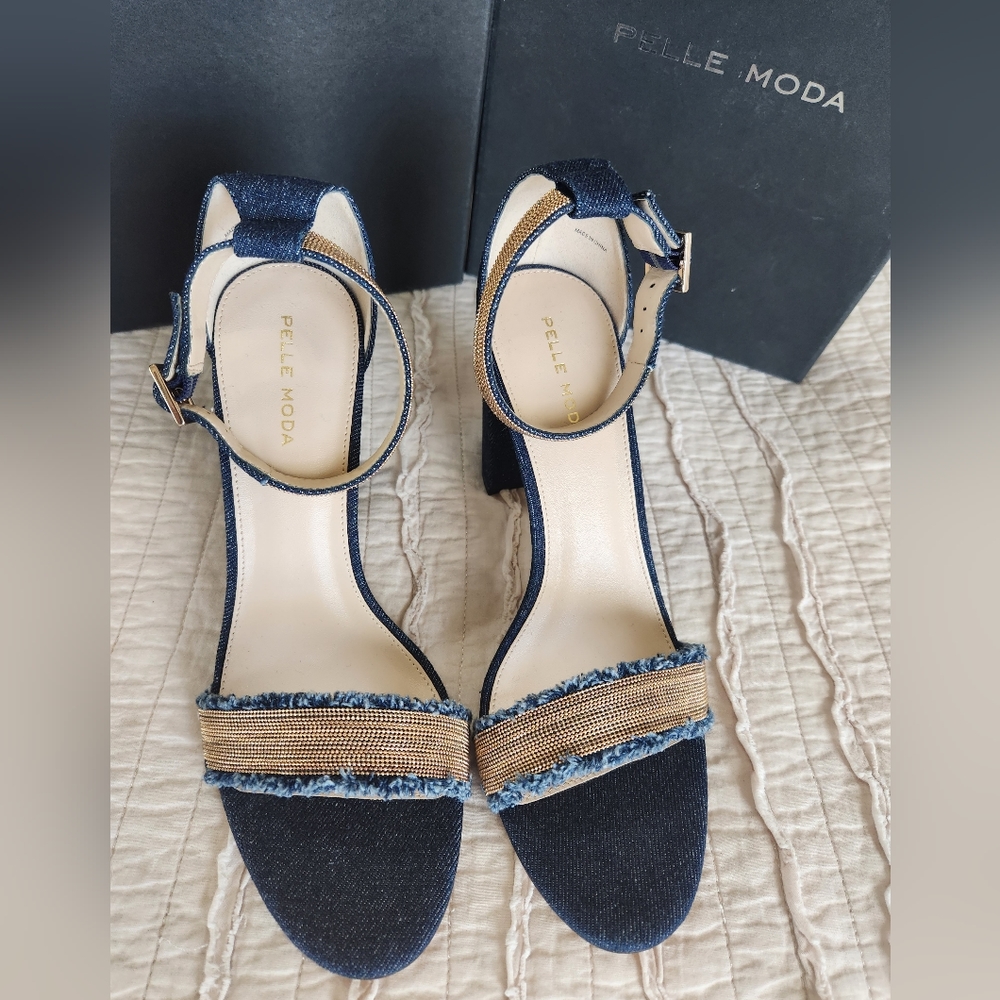Pelle Moda Women's Denim Blue Bonnie Heels with Bling Ankle Strap, Size 10